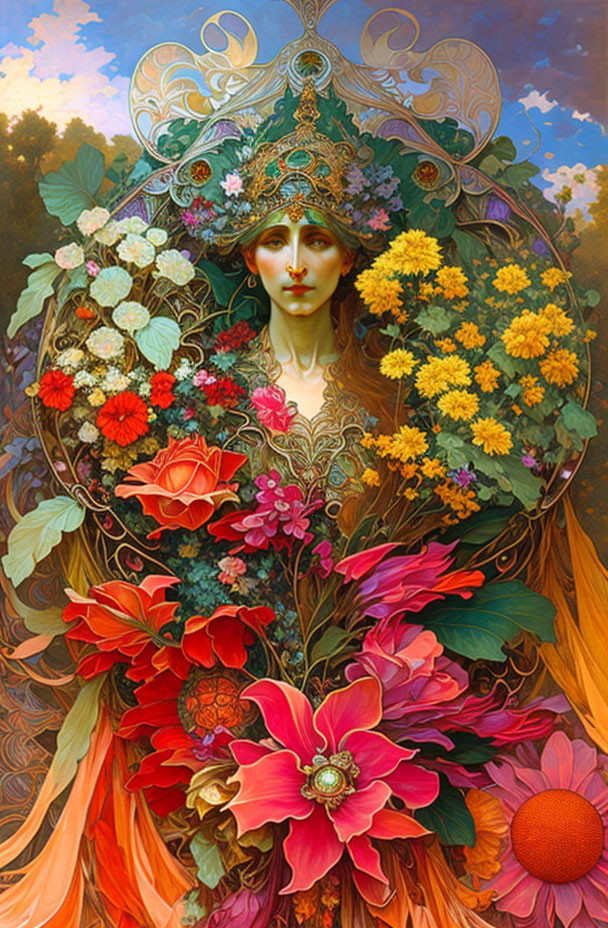 Detailed portrait of a woman with vibrant flowers and Art Nouveau patterns