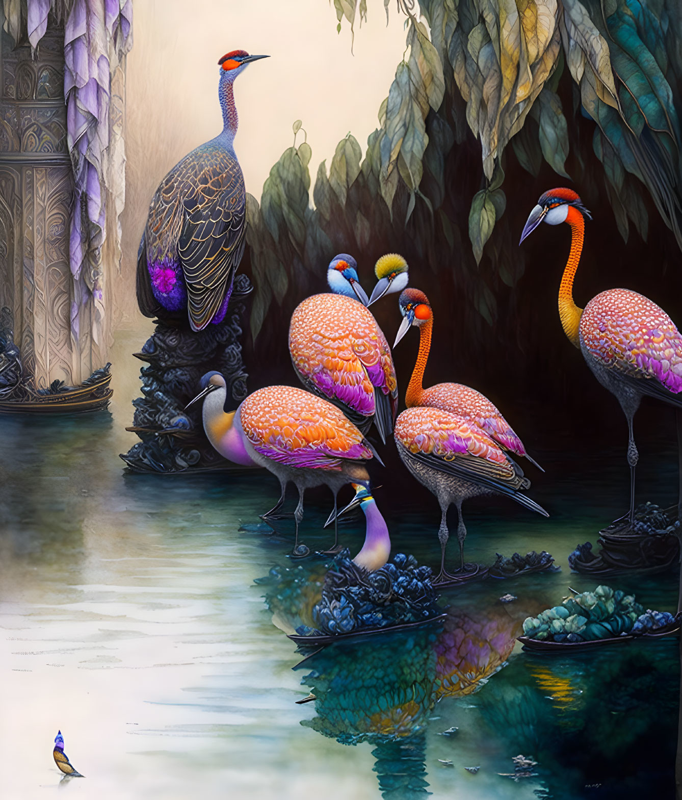 Colorful stylized peacocks in lush nature setting