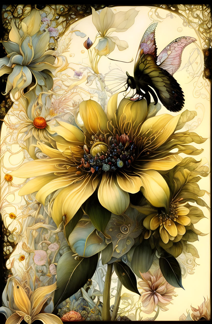 Colorful Butterfly on Yellow Flower in Golden-Hued Floral Scene