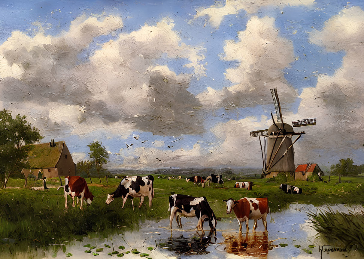 Pastoral oil painting of cows near stream with windmill and dynamic sky