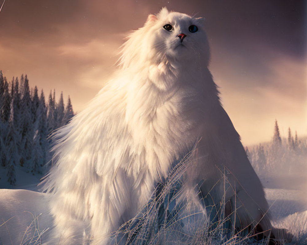 Fluffy White Cat in Snowy Landscape with Frosty Trees