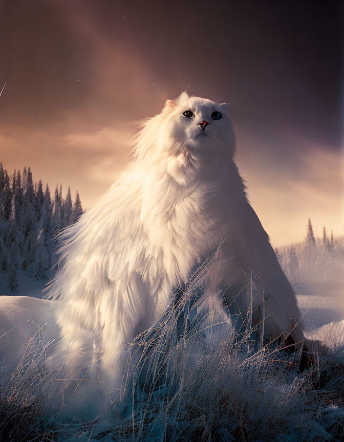 Fluffy White Cat in Snowy Landscape with Frosty Trees