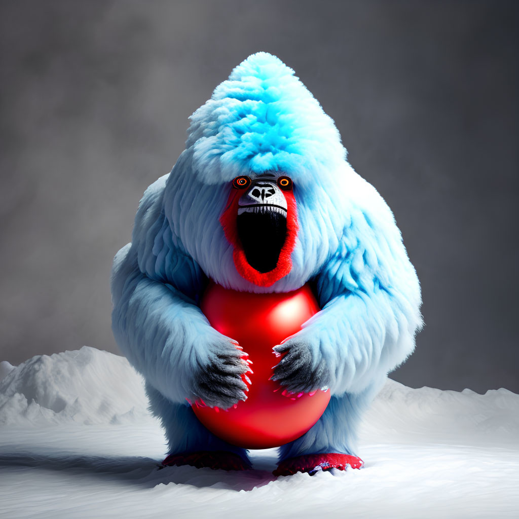 Blue-Furred Gorilla with Turquoise Crest Holding Red Sphere in Snowy Scene