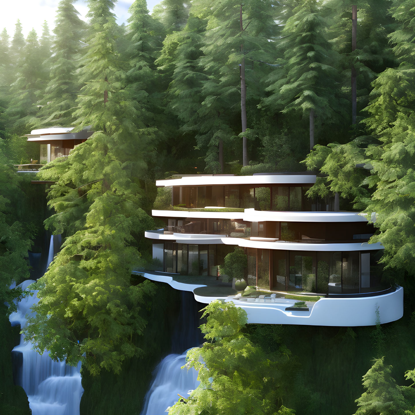 Contemporary multi-level forest homes with expansive windows near waterfall