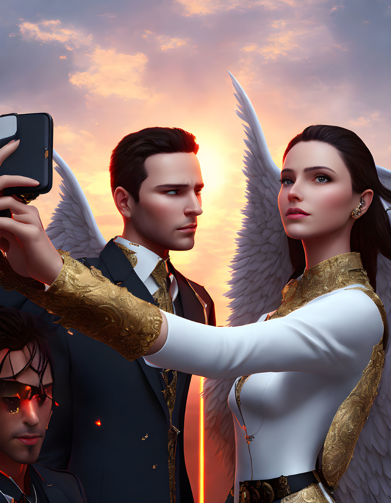 Stylish animated characters with angelic wings in sunset selfie