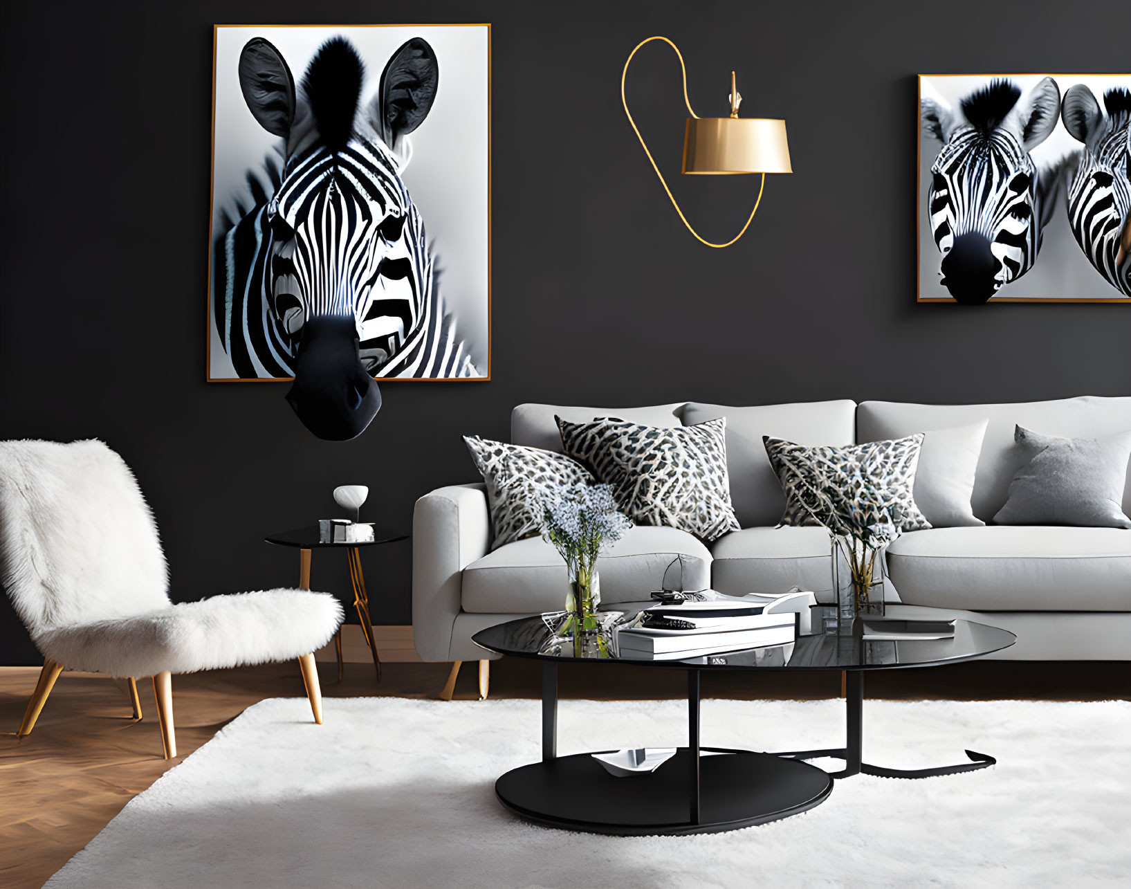 Contemporary Living Room with Zebra Art and Monochromatic Palette