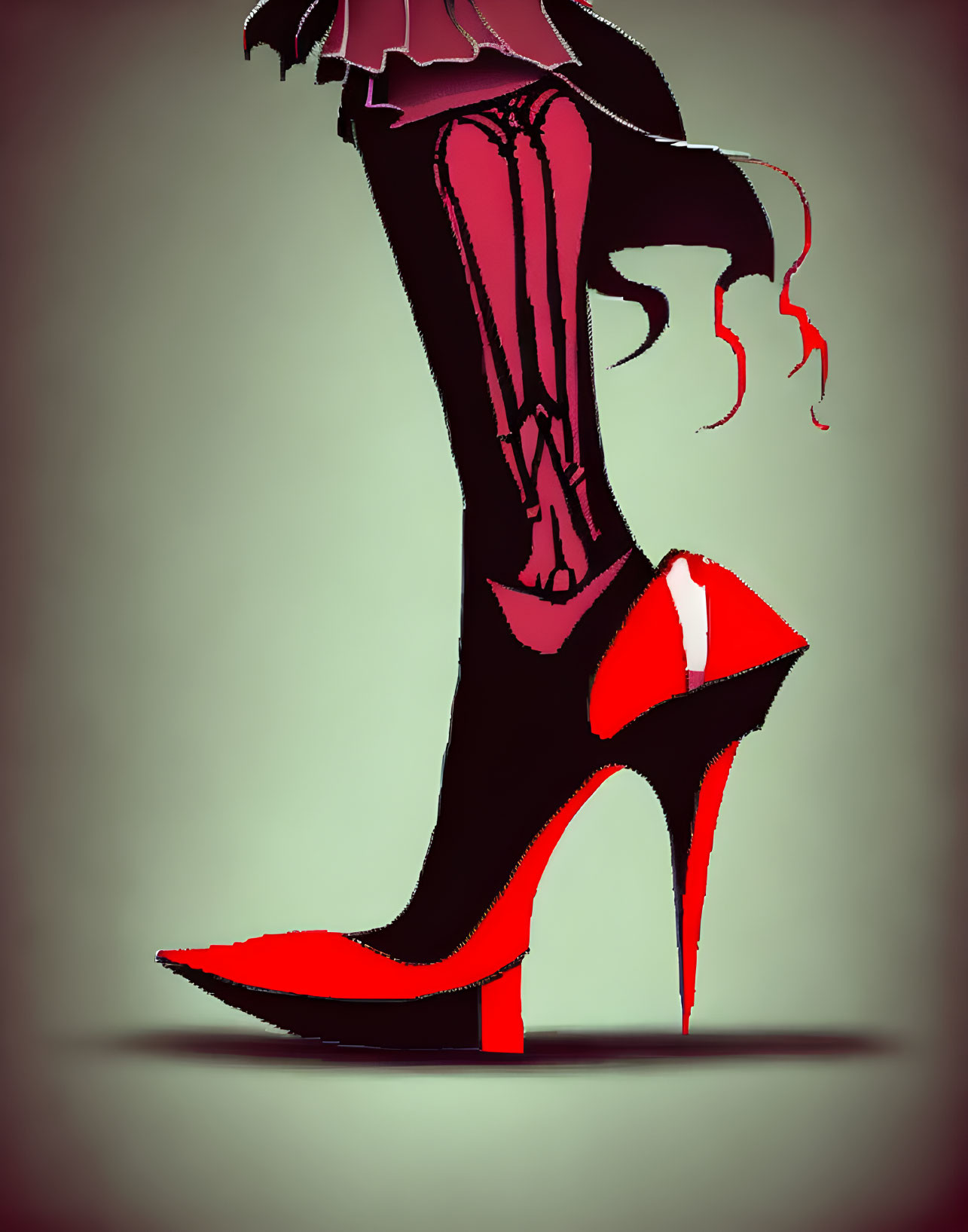 Skeletal leg in red and black high-heeled shoe with ruffled skirt hem