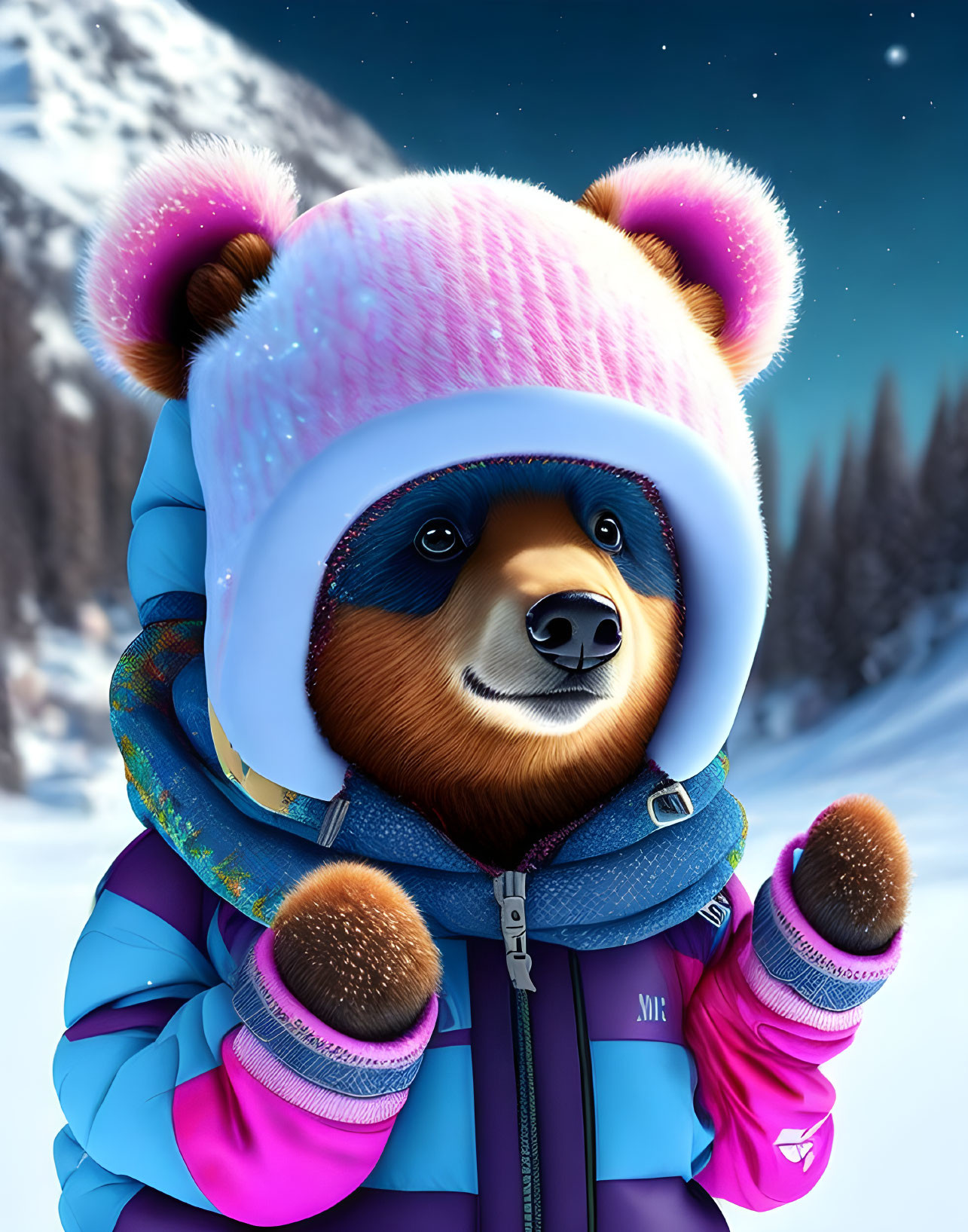 Anthropomorphic Bear in Pink Hat and Blue Jacket in Snowy Night Landscape