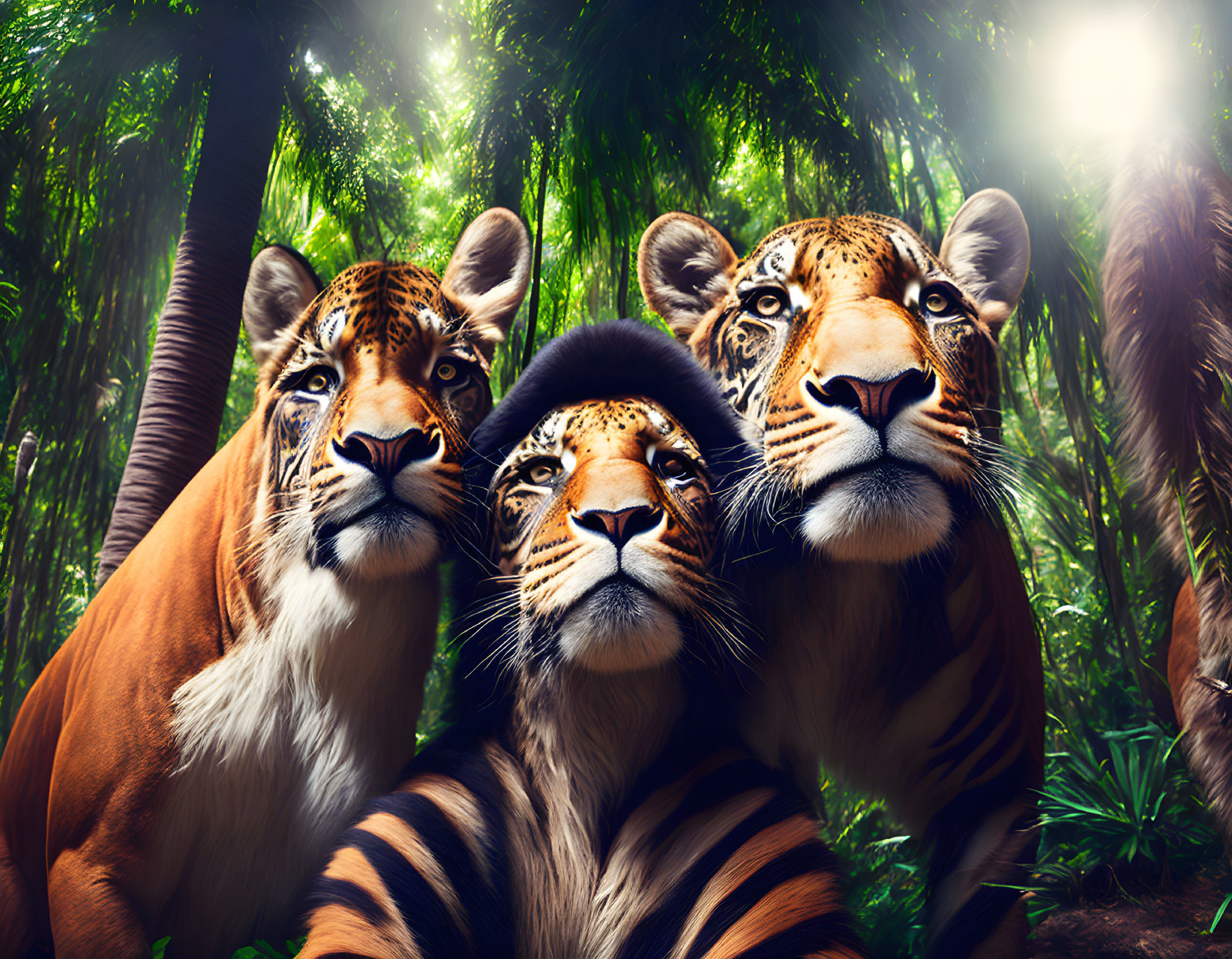 Three Tigers in Lush Forest with Sunlight Filtering