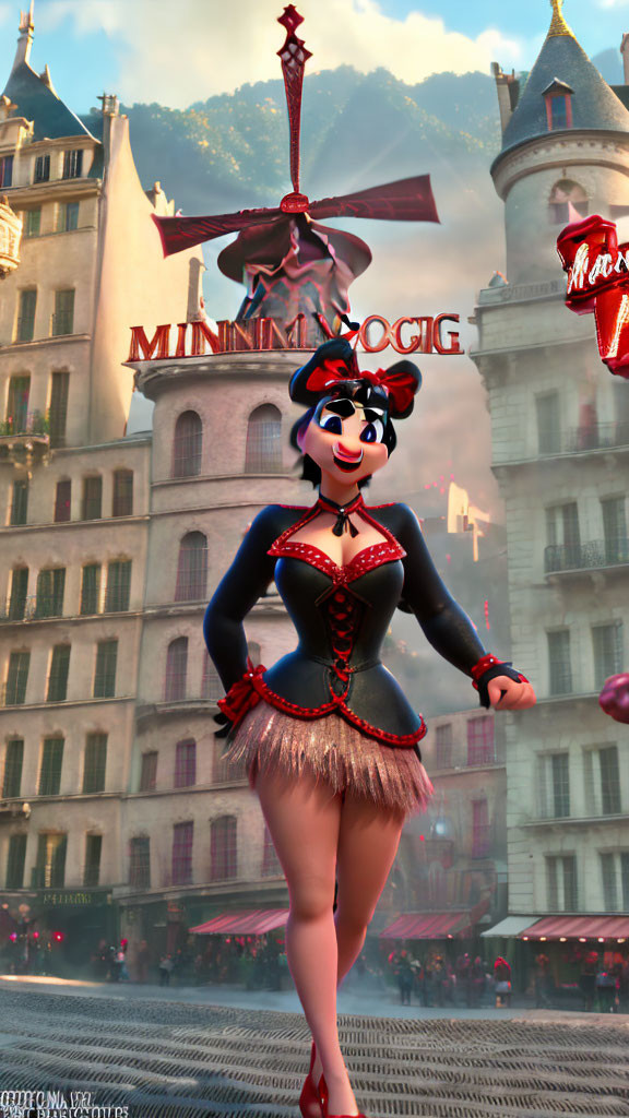 Confident animated character in performer's costume in front of European-style buildings.