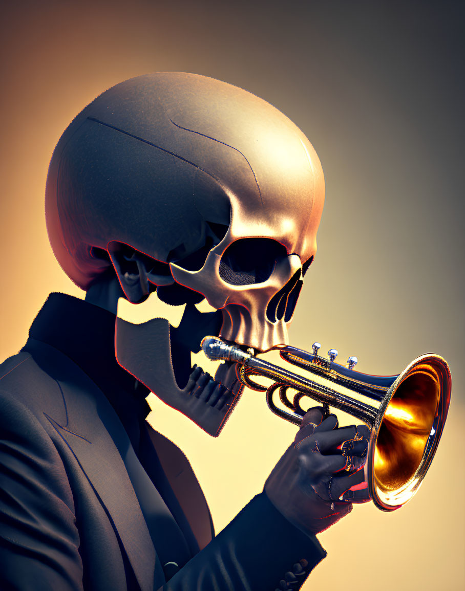 Skeleton in Suit Playing Trumpet on Amber Background