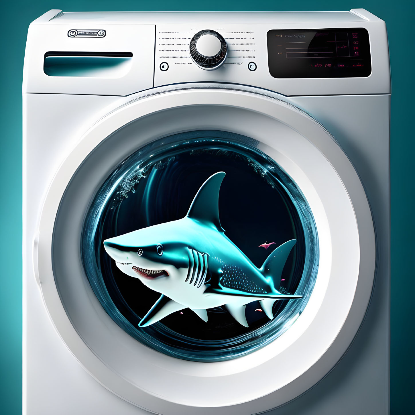 Digital artwork: Shark in washing machine with water - surreal and humorous.