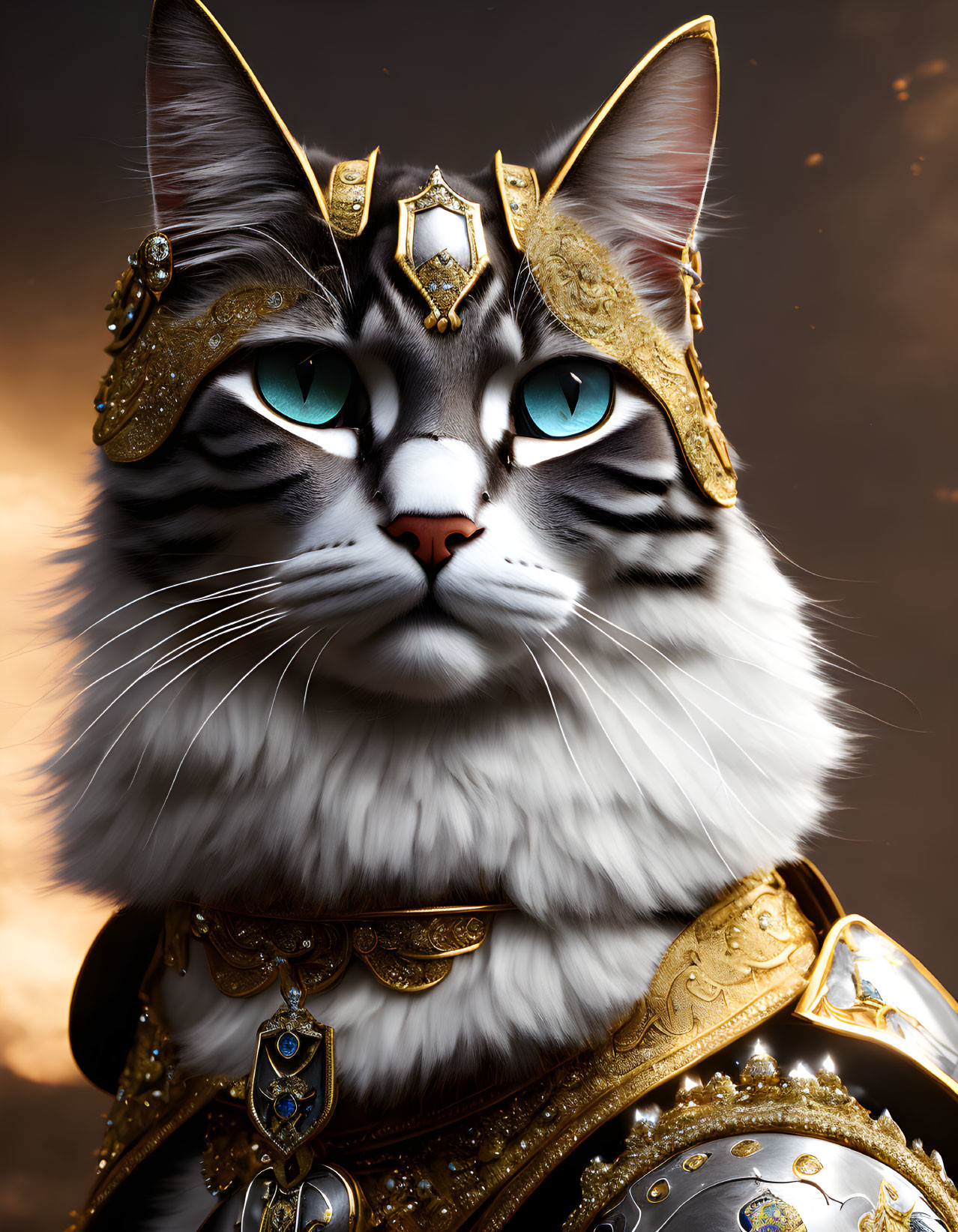 Blue-eyed cat in golden royal armor against dramatic sky