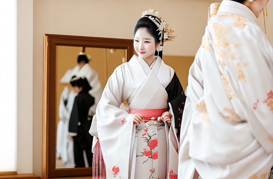 Traditional Japanese Attire Person Smiling in Mirror