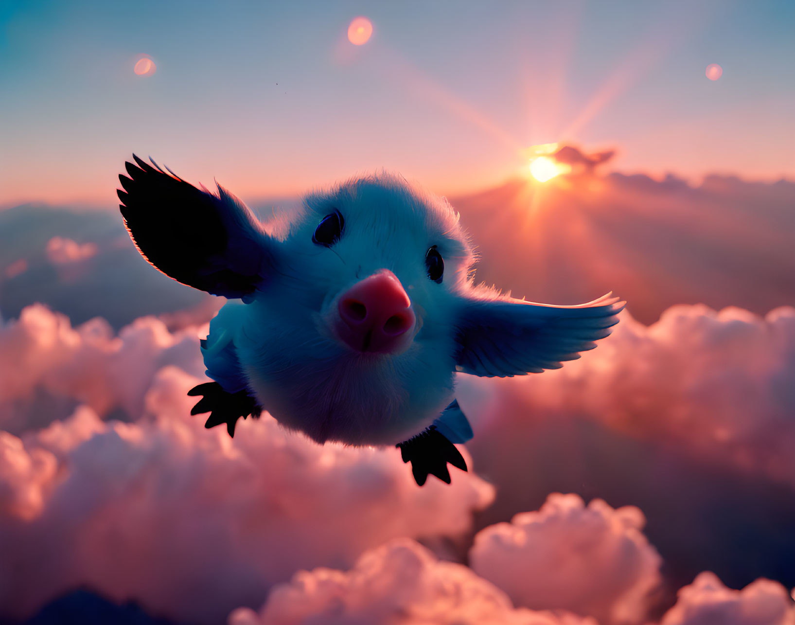 Flying pig with wings in fluffy cloud sunset scene