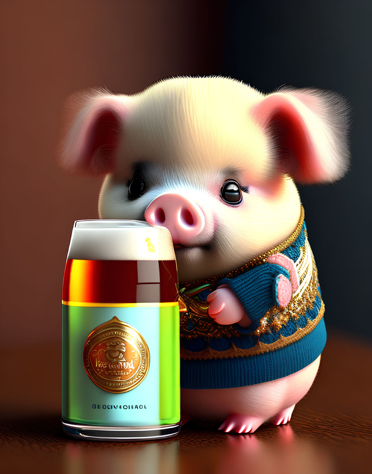 Anthropomorphic piglet in detailed clothing holding a glass of beer