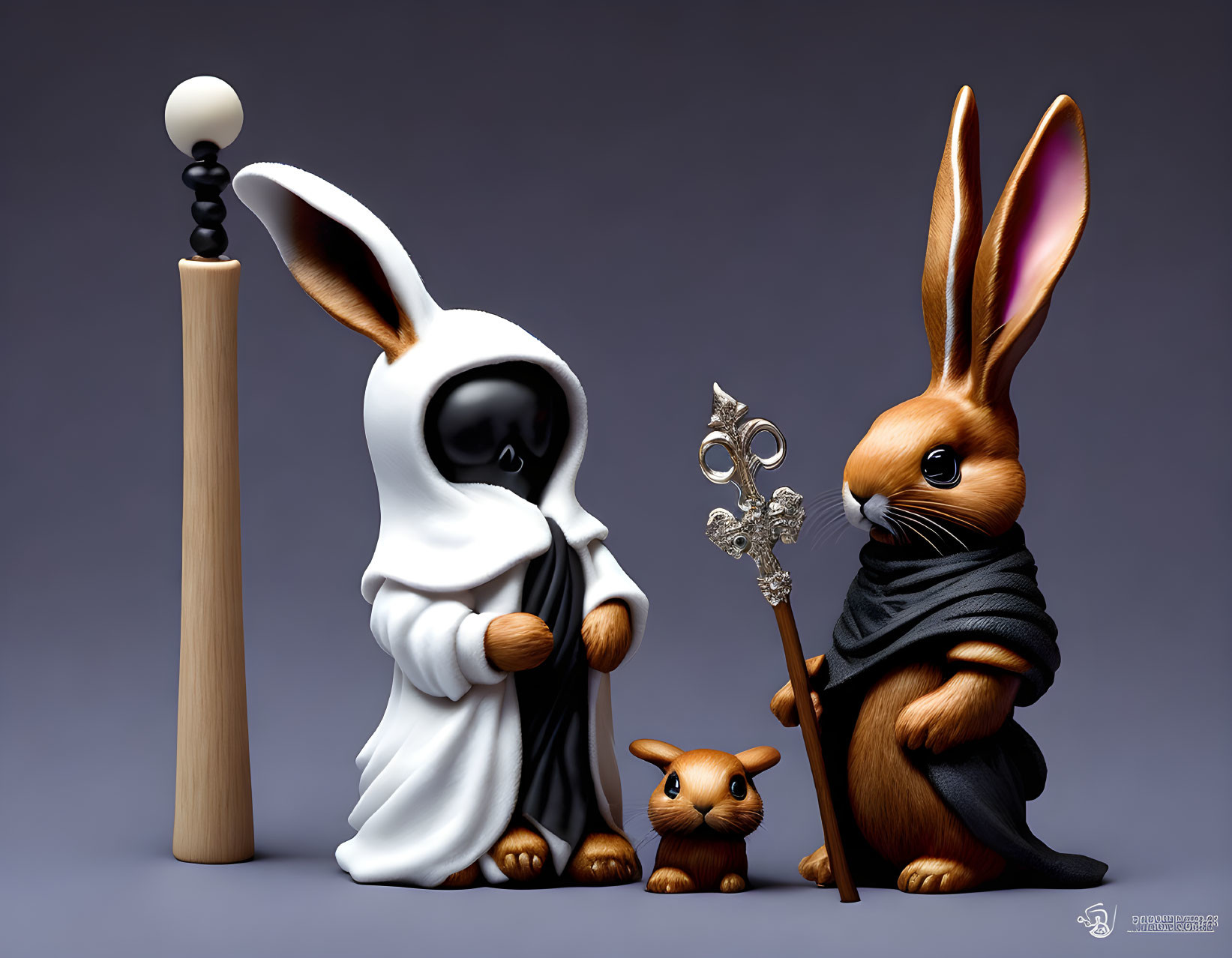 Stylized rabbits in white and black with staff and scepter