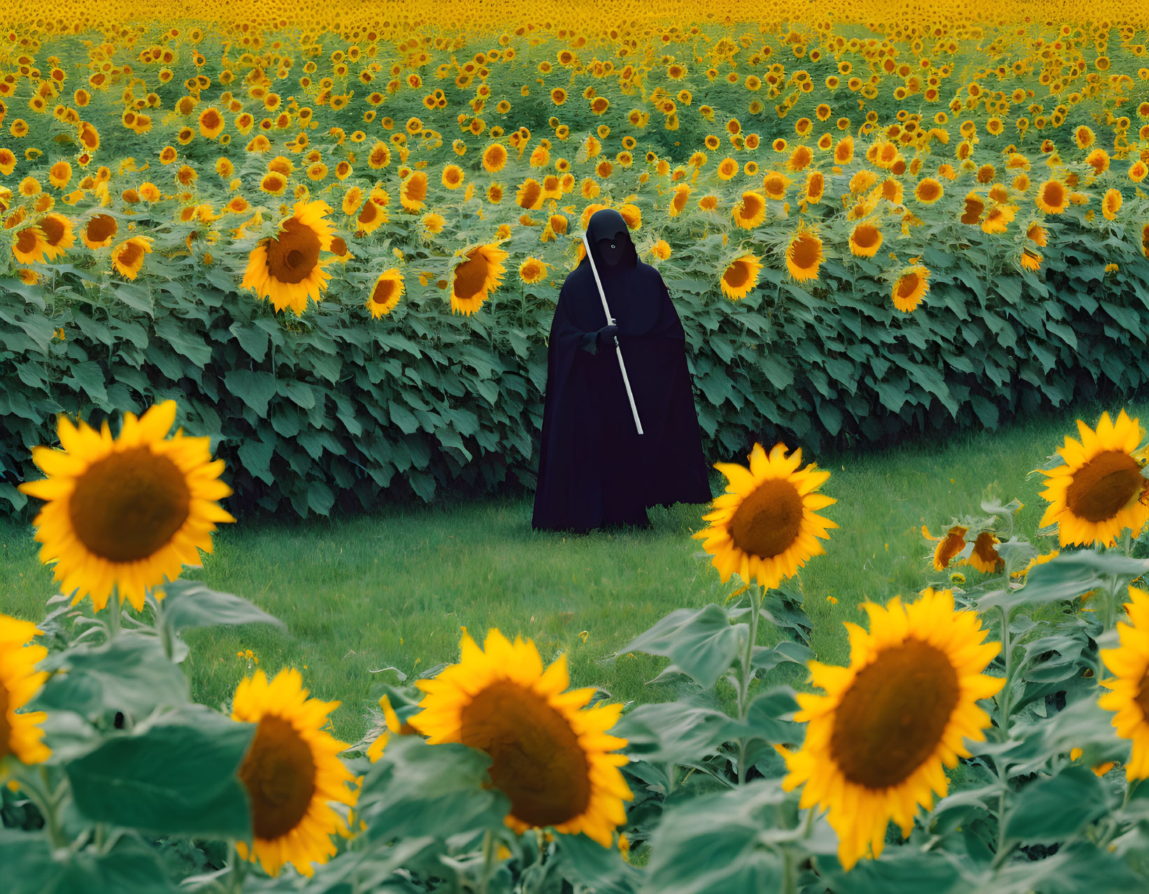 Person in Black Cloak in Vibrant Sunflower Field under Cloudy Sky