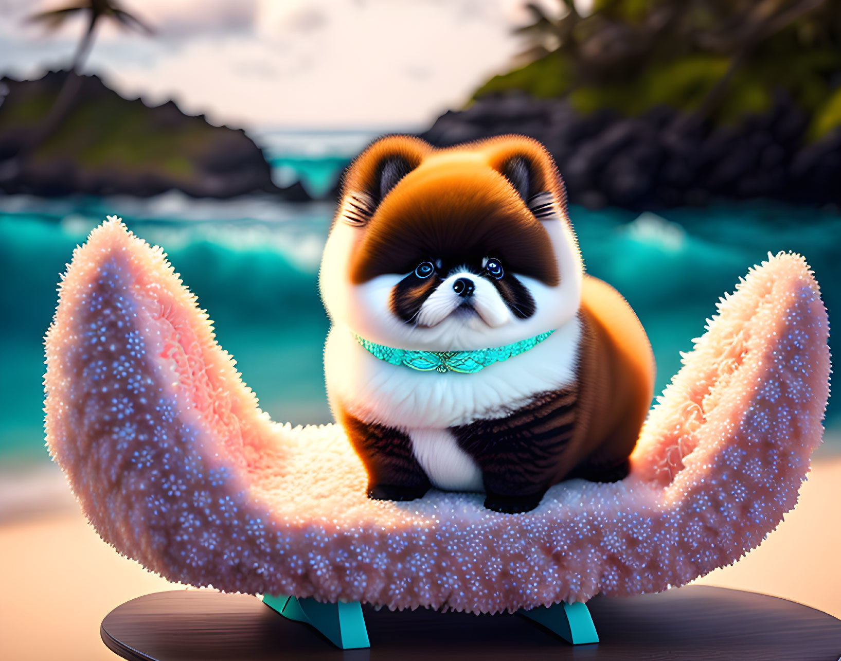 Cartoon raccoon on surfboard in starfish with tropical beach backdrop