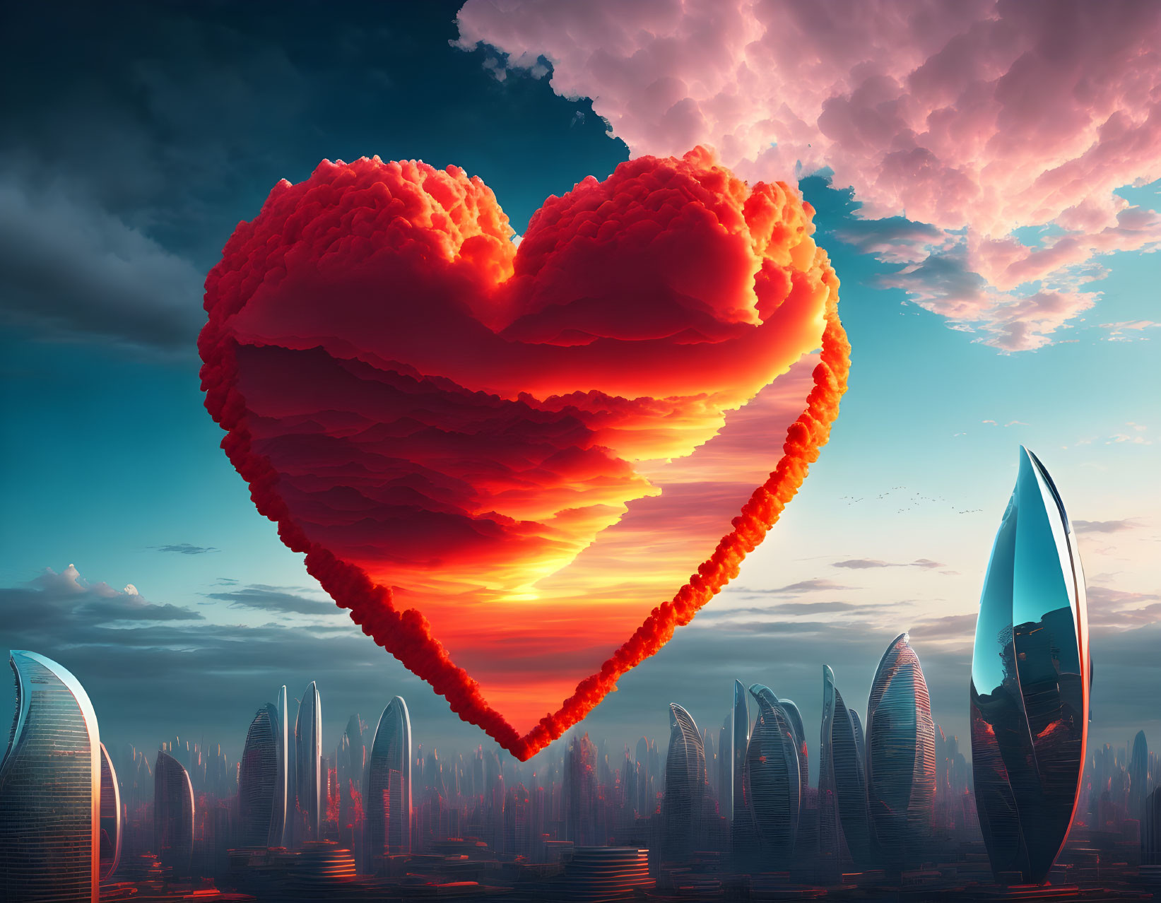 Surreal image: heart-shaped cloud over futuristic cityscape