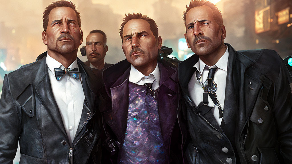 Three animated men in suits with different expressions in futuristic city setting