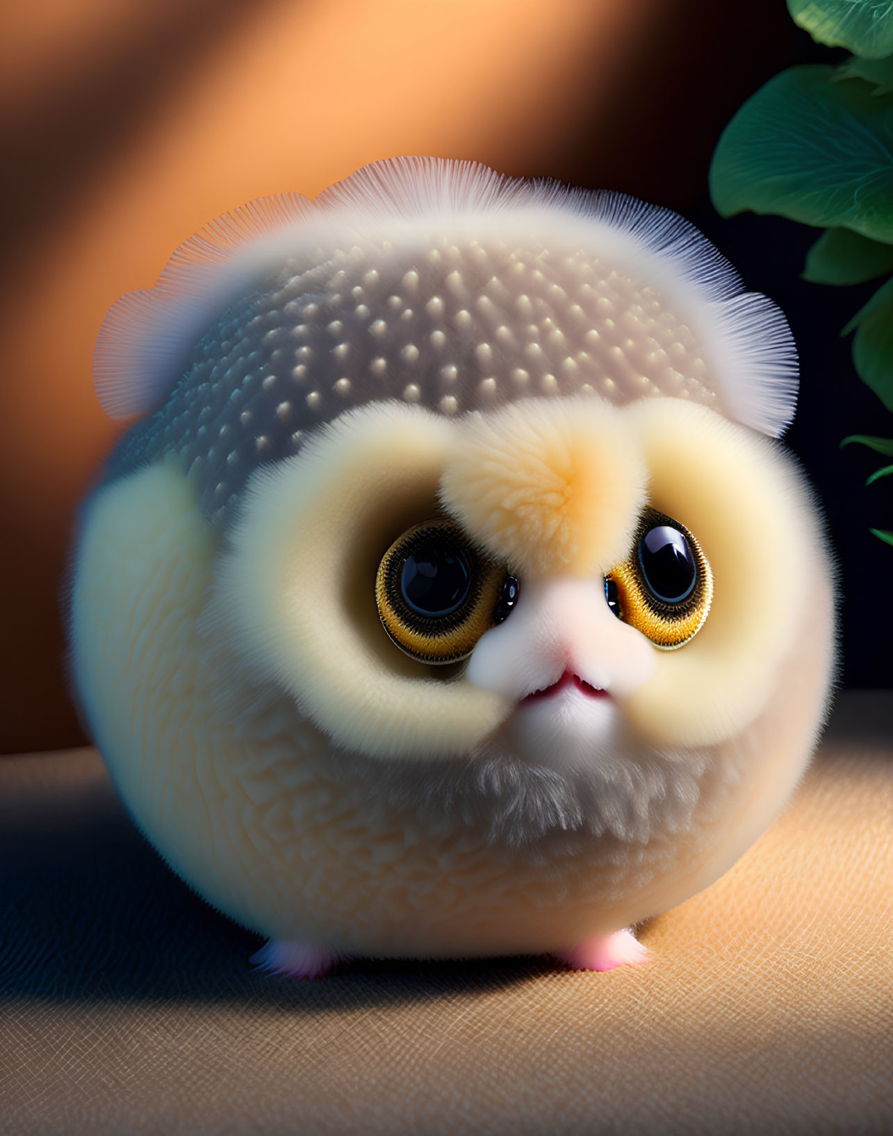 Stylized round owl creature with expressive eyes in warm, dimly lit scene