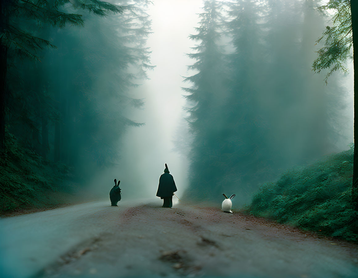 Person and two rabbits in misty forest scene