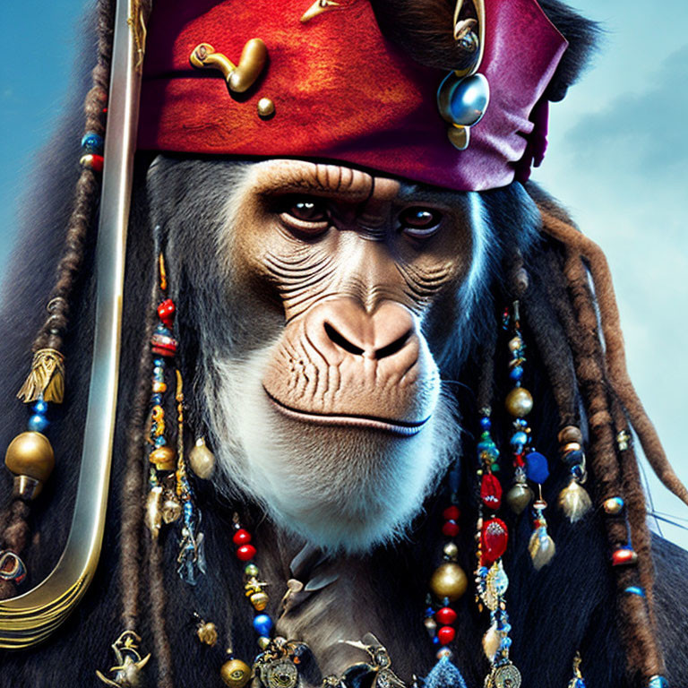 Chimpanzee with pirate-like red bandana and beads