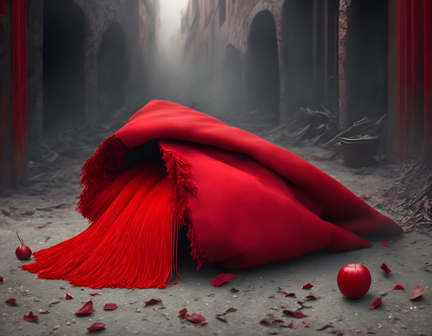 Vivid red cloak with tassels among petals and apples in foggy alleyway