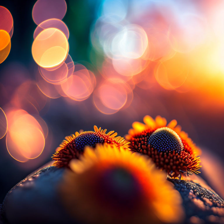 Vibrant orange and yellow flowers with warm bokeh background in blue to orange gradient.