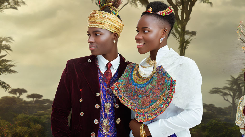 Traditional African Attire with Beadwork and Headdresses Against Cloudy Sky