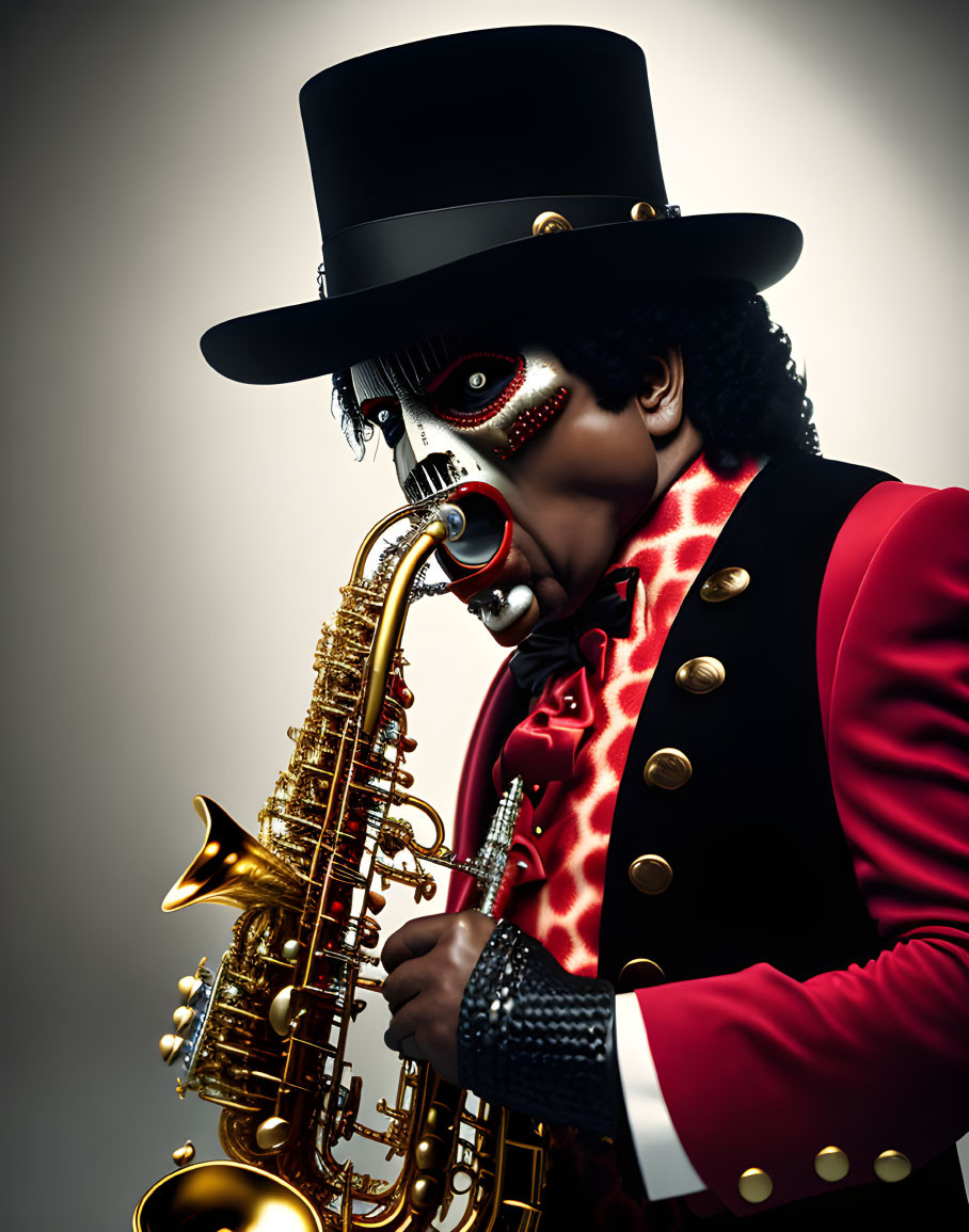 Red jacket and top hat saxophonist with skull face paint