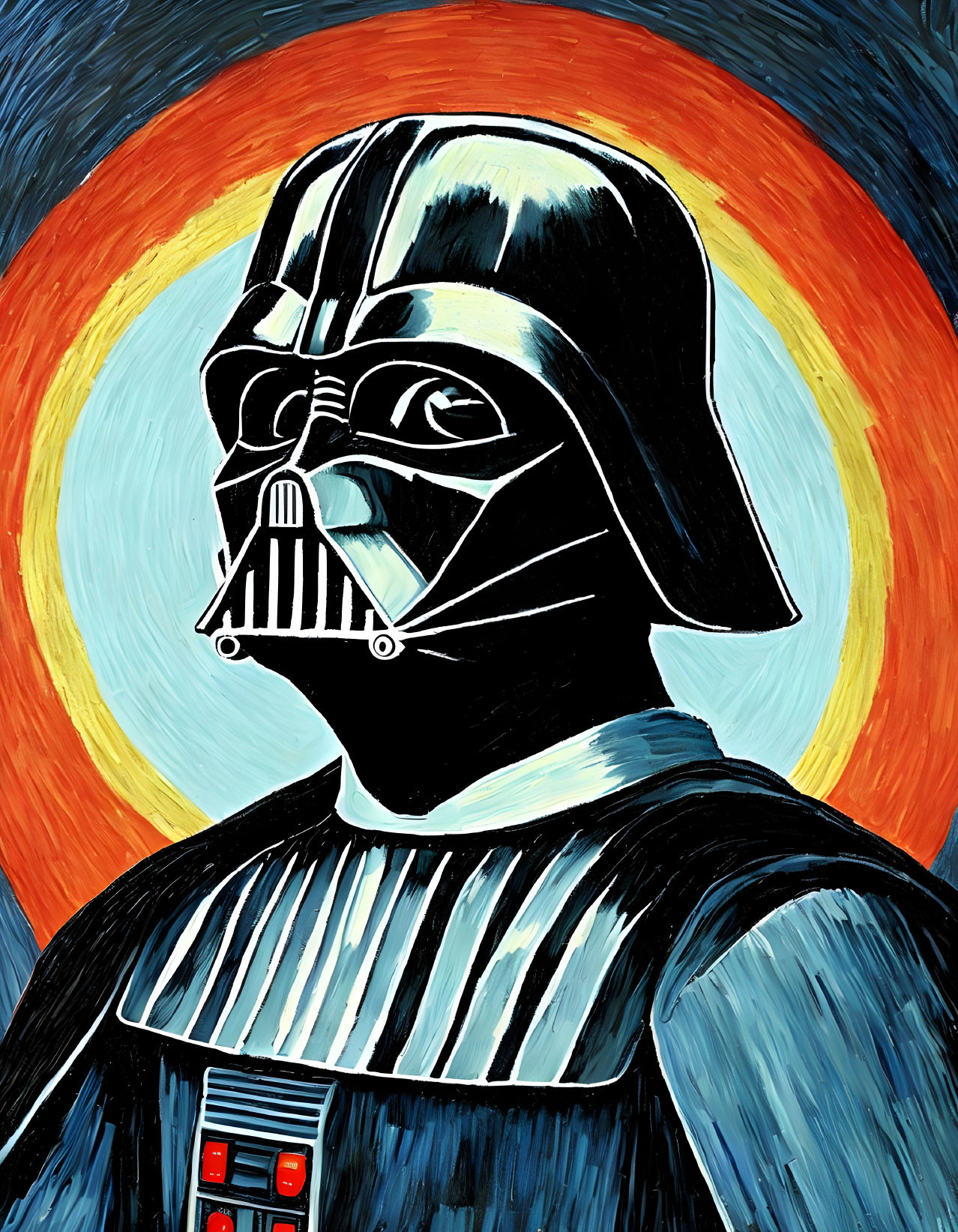 Stylized Darth Vader portrait with swirling orange and blue background