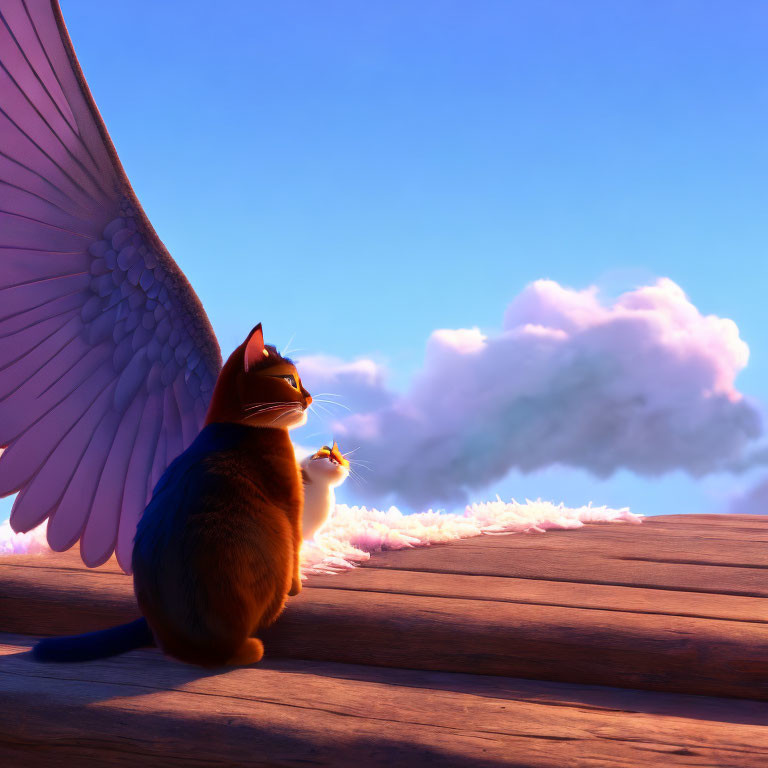 Two cats, one with wings, on wooden surface gazing at sky with clouds