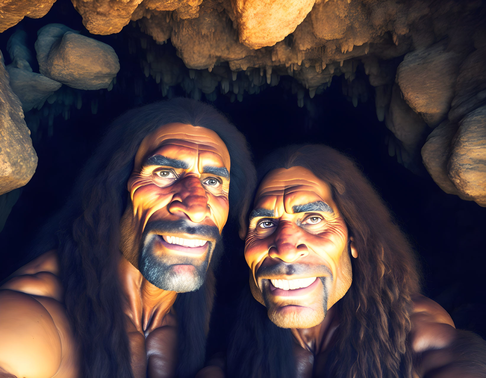 Exaggerated Neanderthal features: Prominent brows and facial hair individuals in a dark cave