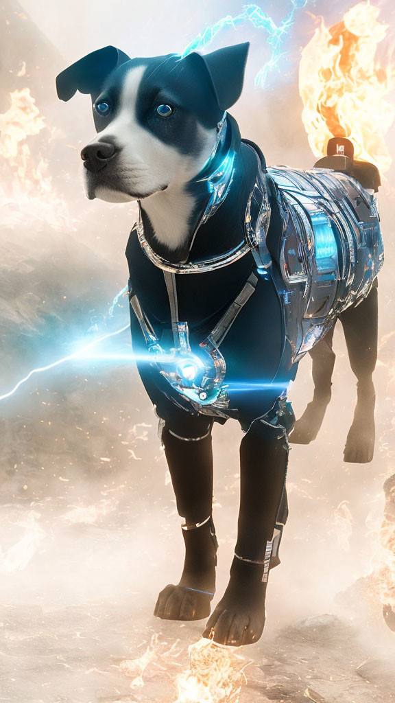 Futuristic armor-clad dog in mystical fog with torch