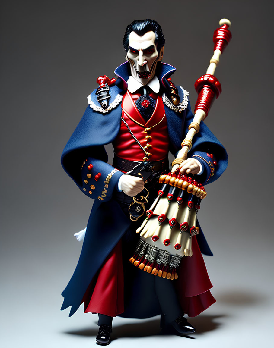 Stylized vampire in red and blue uniform with scepter and drum