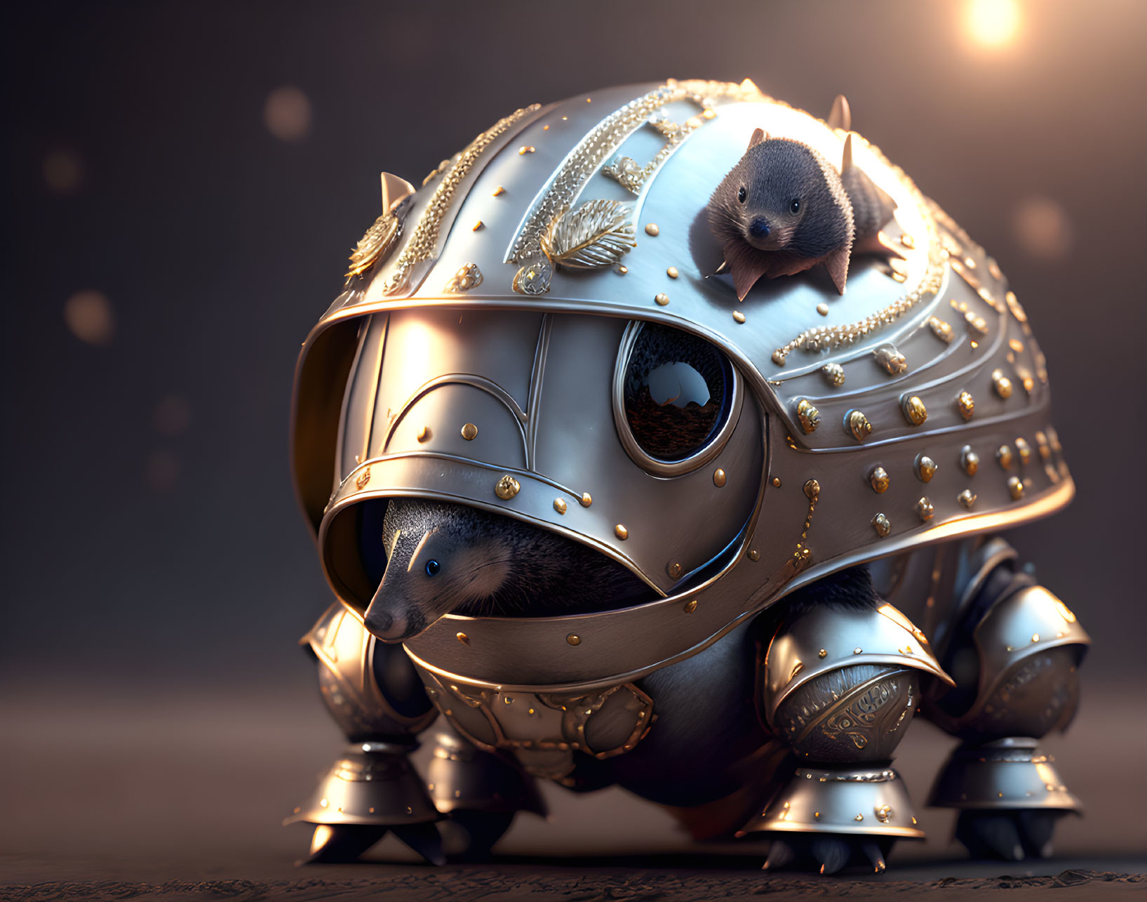 Ornate golden armor hedgehog with small companion in soft background