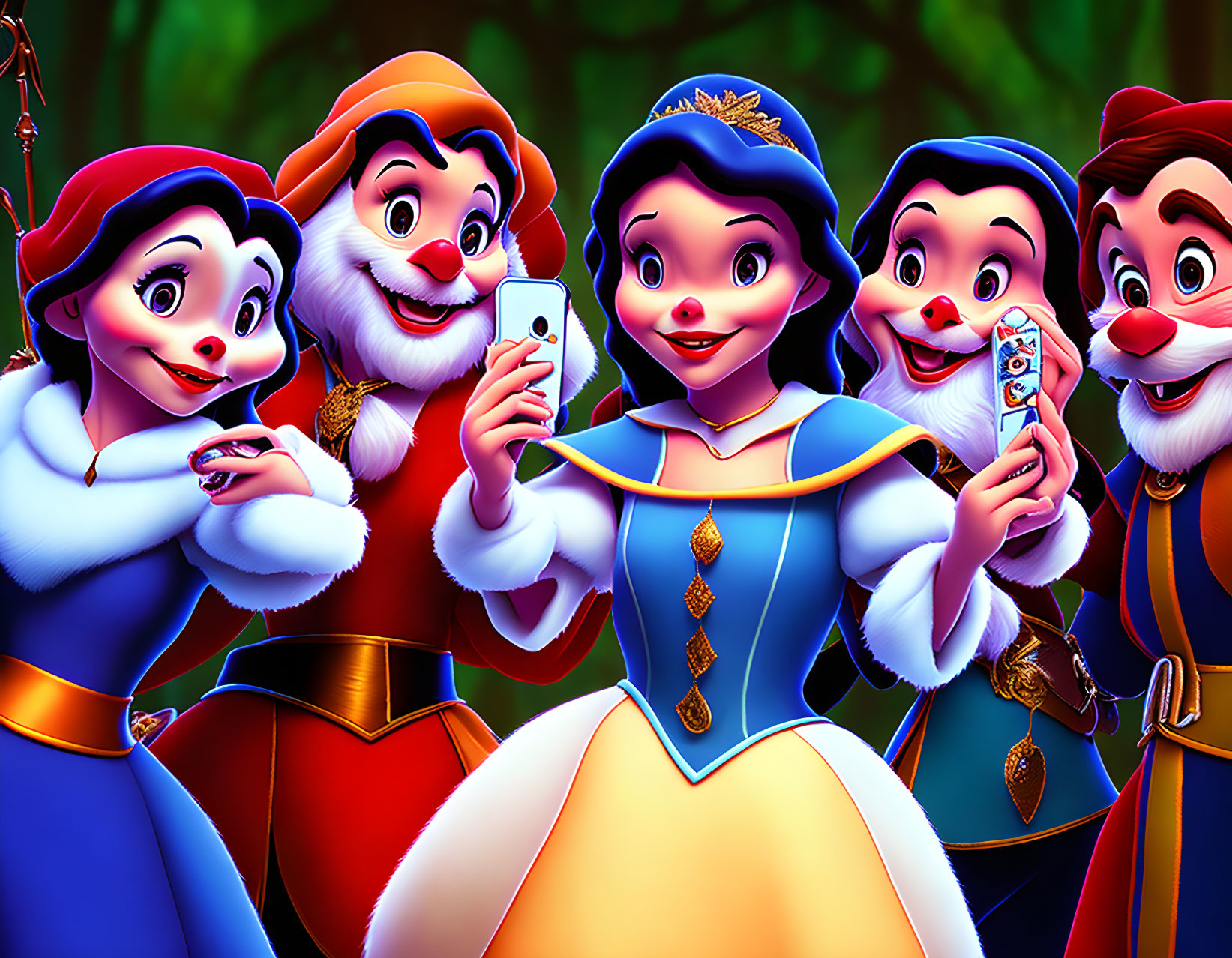 Princess and dwarfs with smartphones in colorful forest