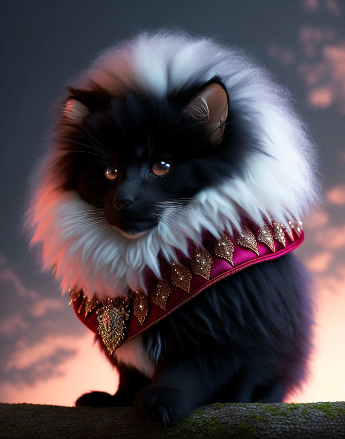 Fluffy black cat with amber eyes and fancy collar.