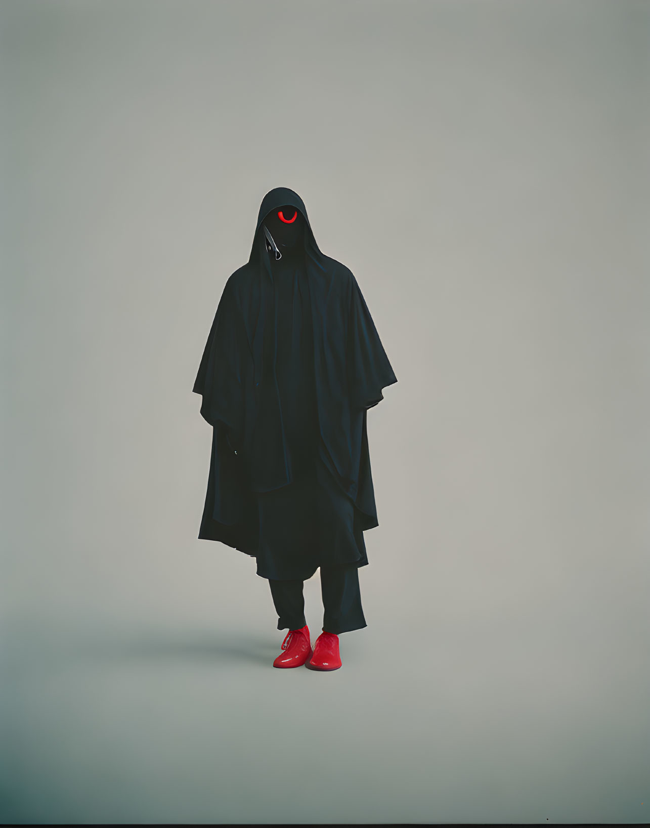 Person in Black Cloak with Red Shoes and Glowing Eyes on Plain Background