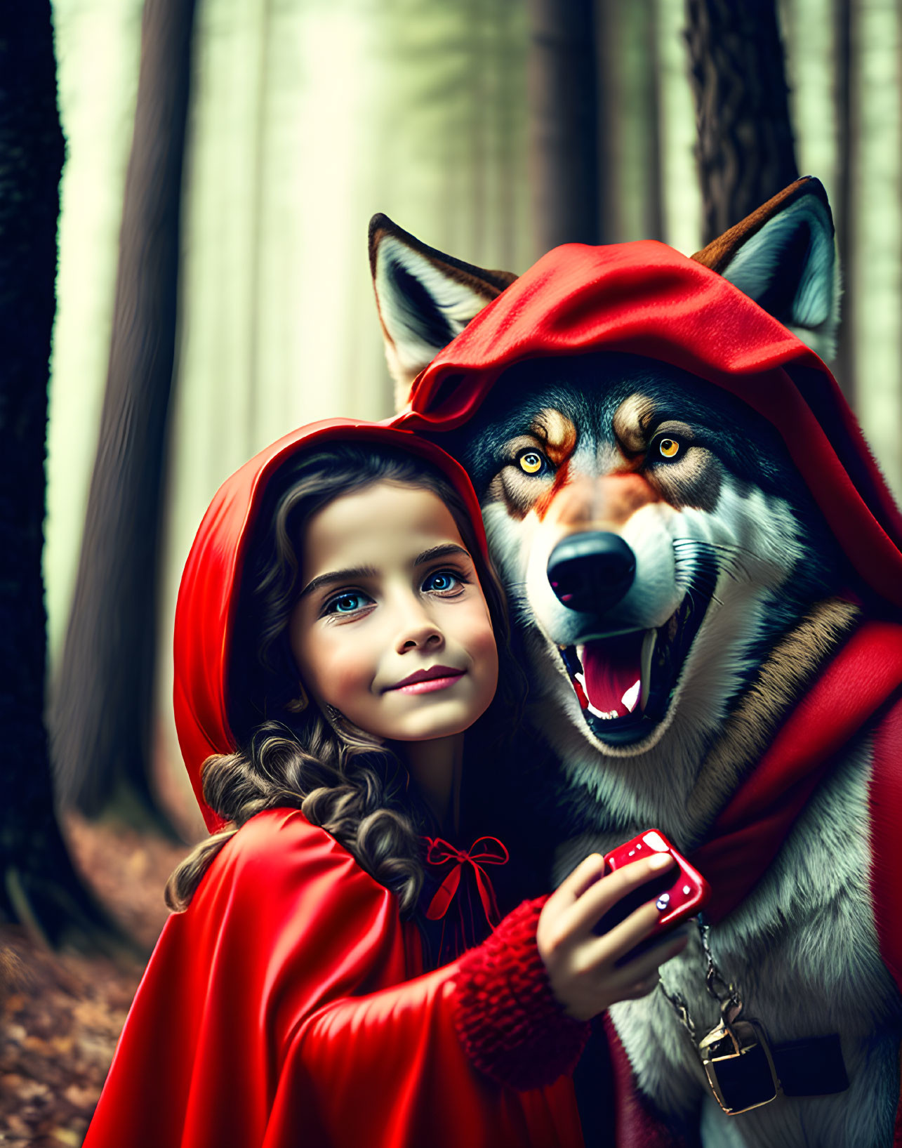 Young girl in red hood with anthropomorphic wolf in mystical forest