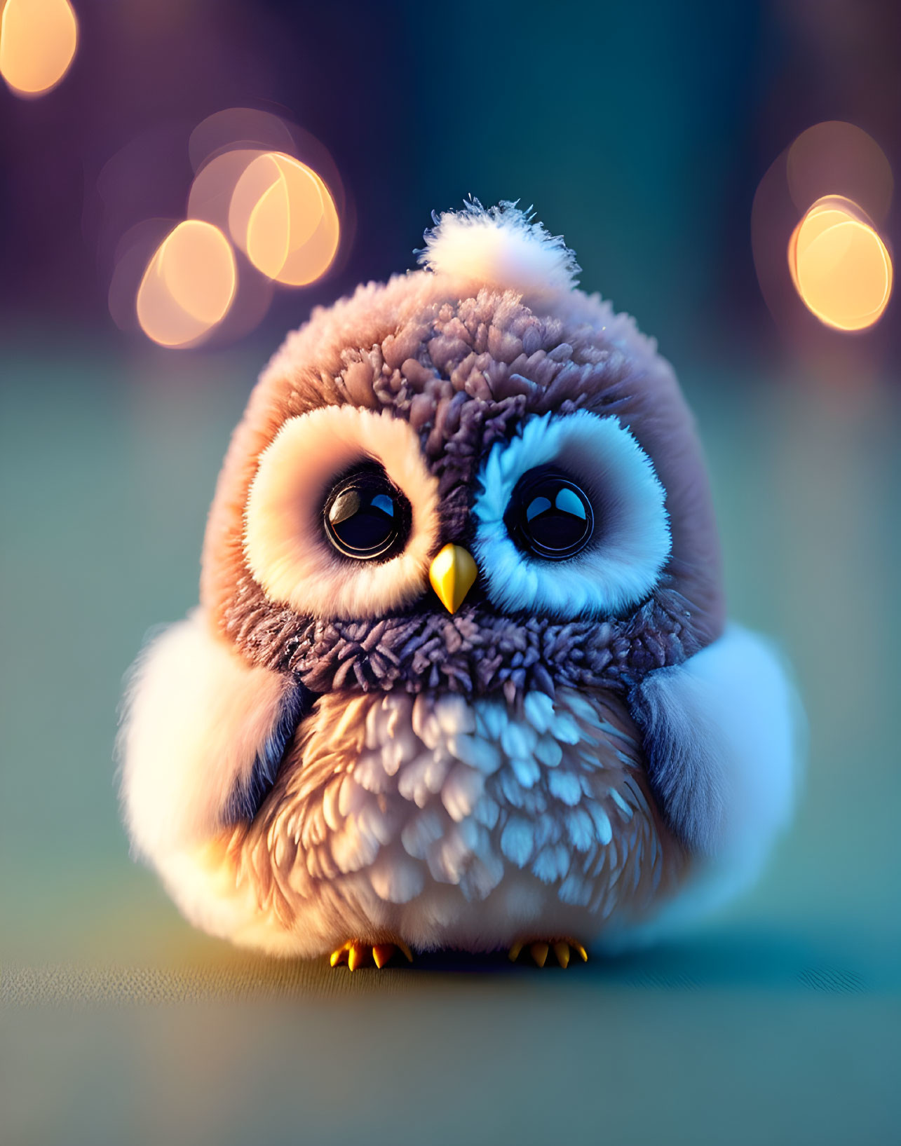 Stylized animated owl with large eyes and soft feathers