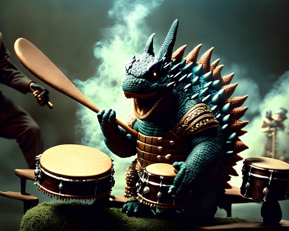 Stylized Godzilla-like figure drumming in smoky scene