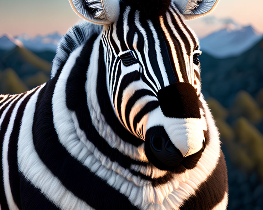 Detailed Close-Up of Striped Zebra Against Mountainous Sunset Background