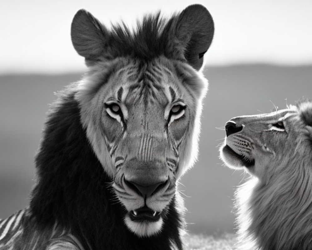 Two lions with different mane sizes in black and white photo