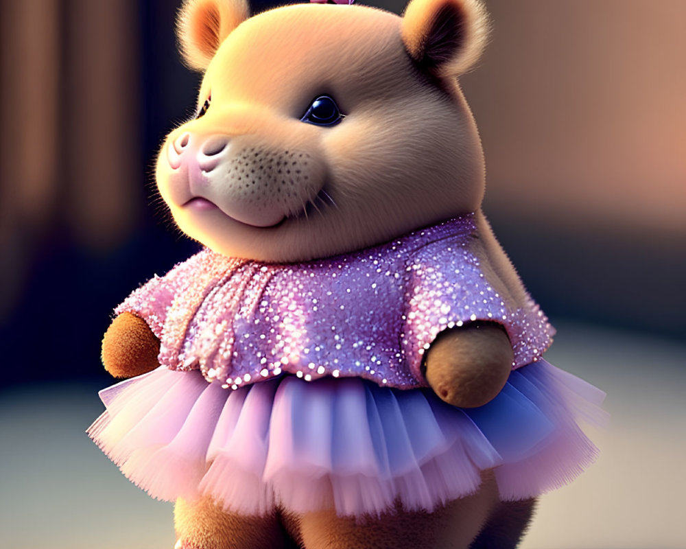 Adorable bear cub in pink tutu dress and bow gazing up