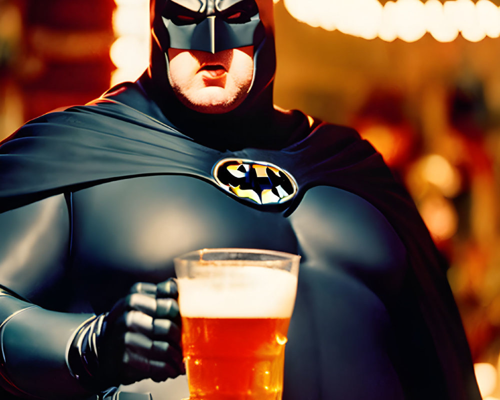 Person in Batman costume with beer glass in hand, blurry light background