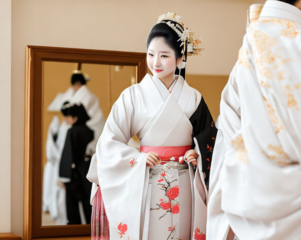 Traditional Japanese Attire Person Smiling in Mirror