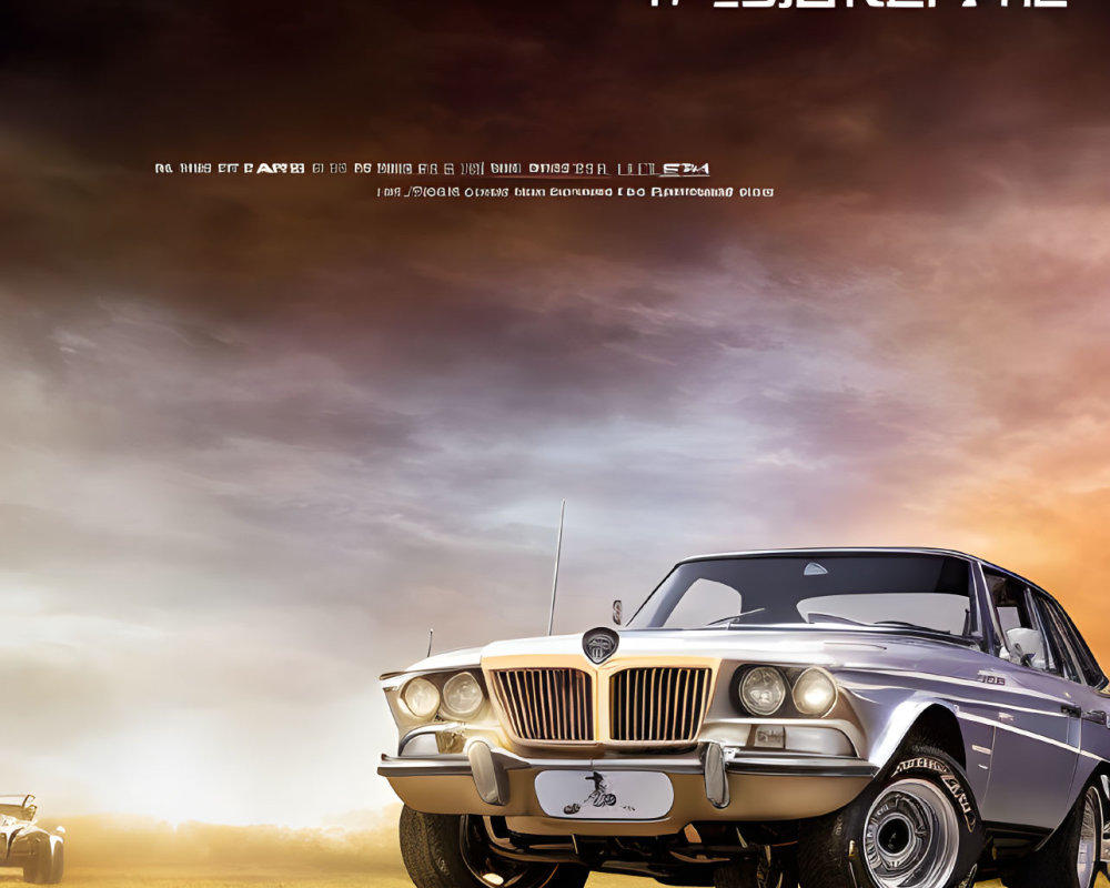 Classic Car Sunset Scene with Stylized Text Overlay